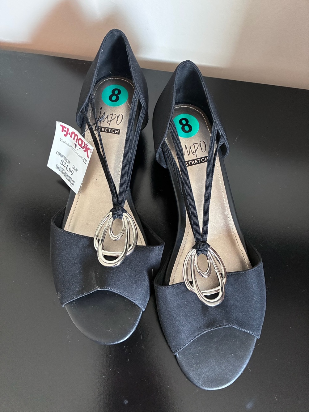 Giani Bernini Black Open-Toe Slingback Heels with Silver Ring Accents